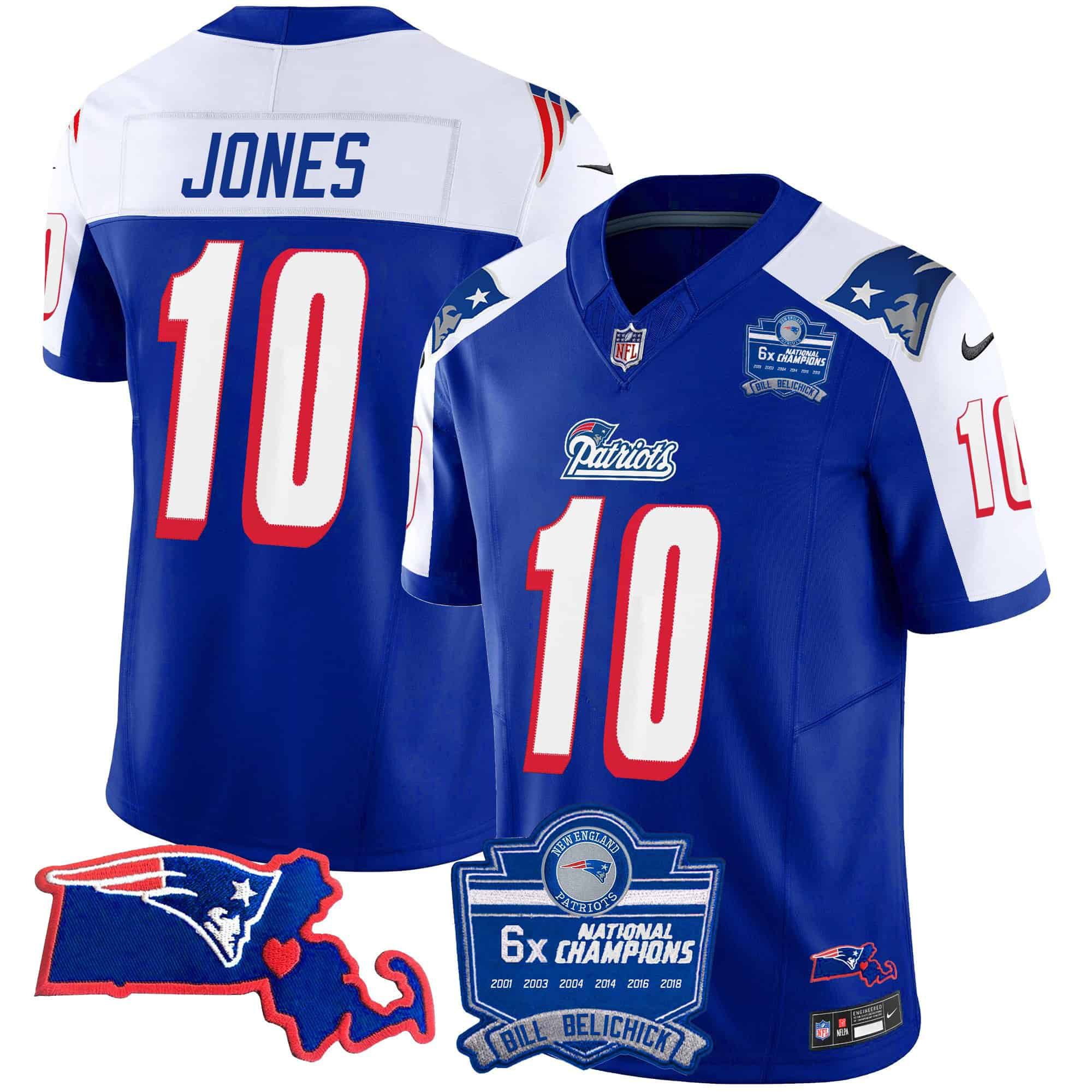 Men New England Patriots #10 Jones Blue 2024 Nike 6x Champions Patch Vapor Limited NFL Jersey